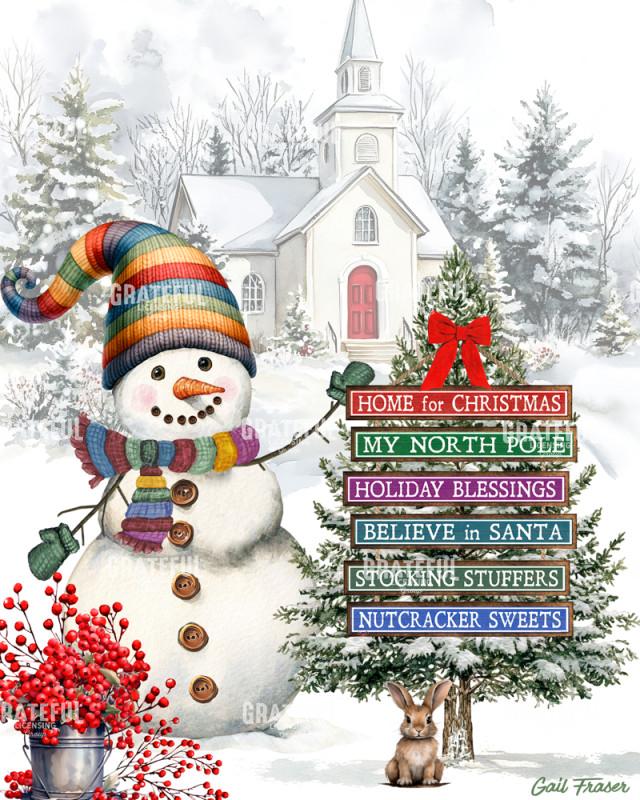 Snowman Church with Sign