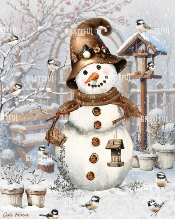 Snowman Garden with Chickadees