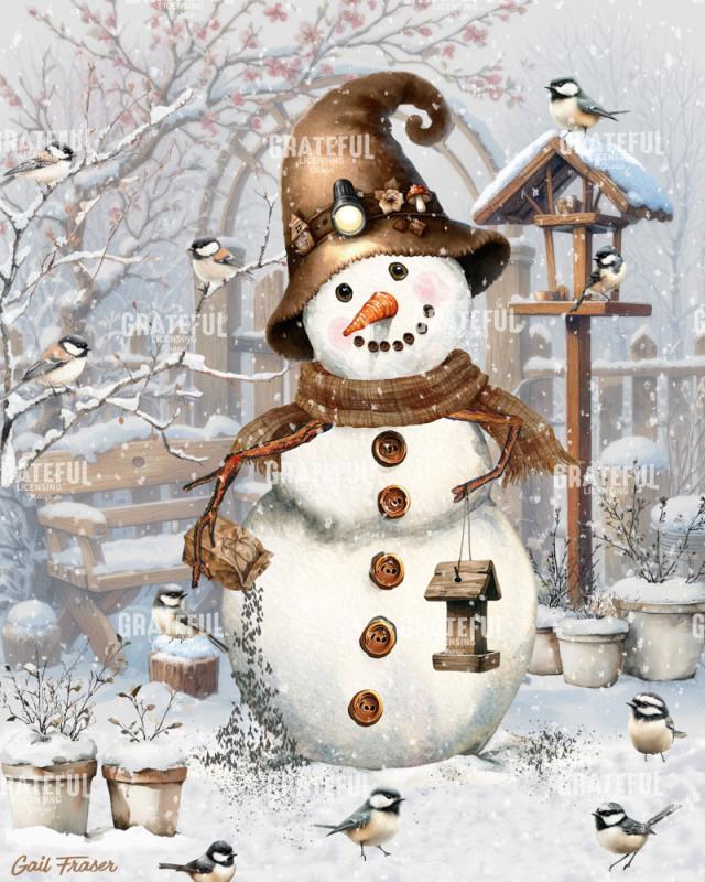 Snowman Garden with Chickadees