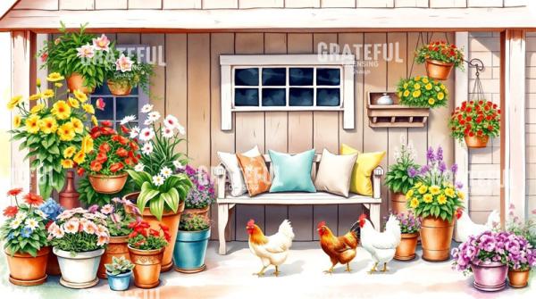 Chicken Parade Spring Porch Watercolor