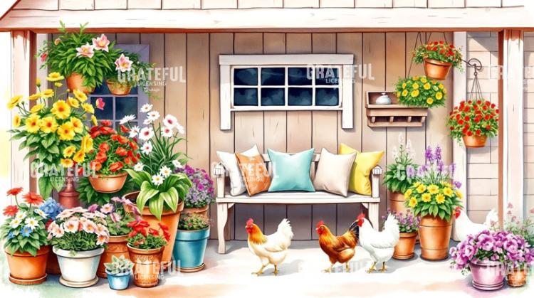 Chicken Parade Spring Porch Watercolor