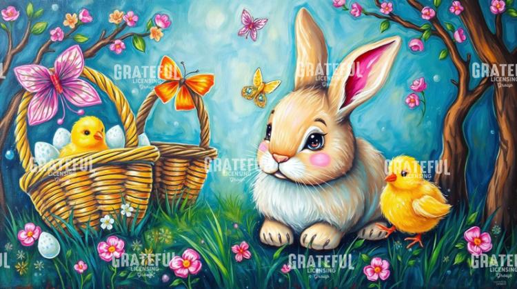 Bunny with Baskets and Apple Blossom Trees