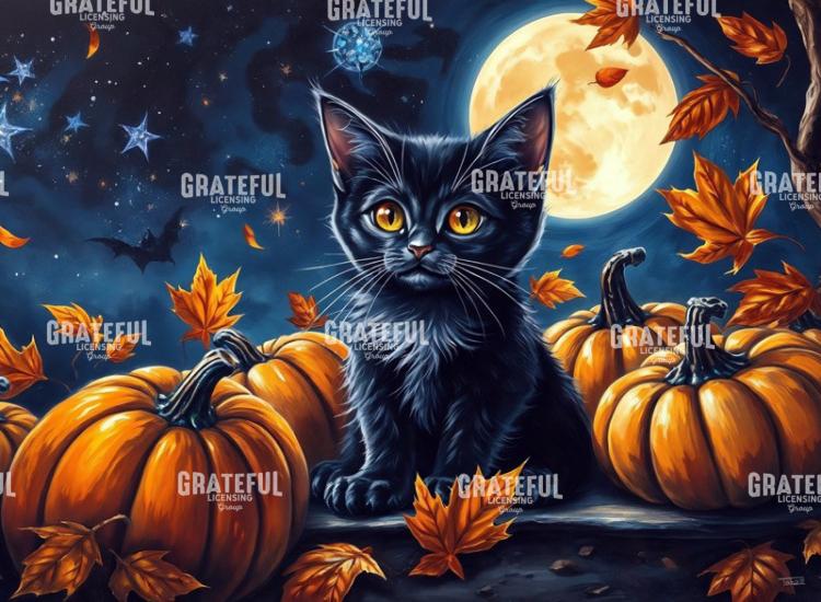 Black Kitten with Halloween Pumpkins