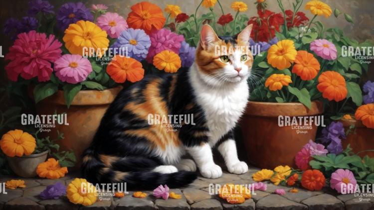 Calico Cat with Zinnias