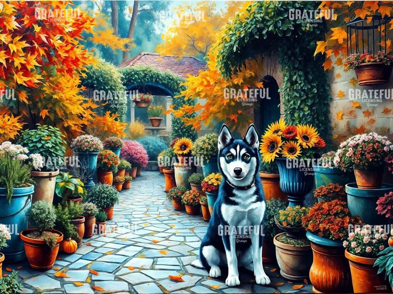 Husky Puppy Autumn Courtyard