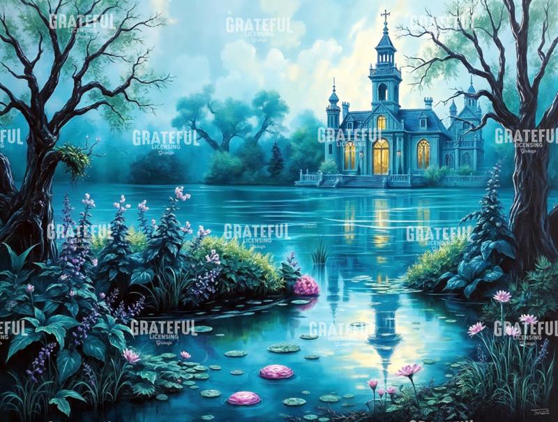 Hosta Lake Church with Windows Lit