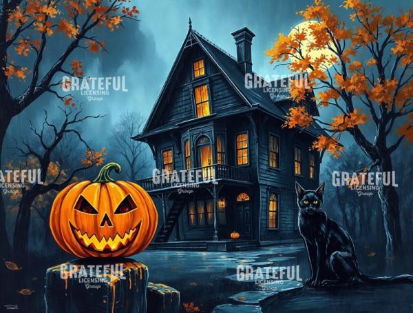 Haunted House with Jack O Lantern and Black Cat