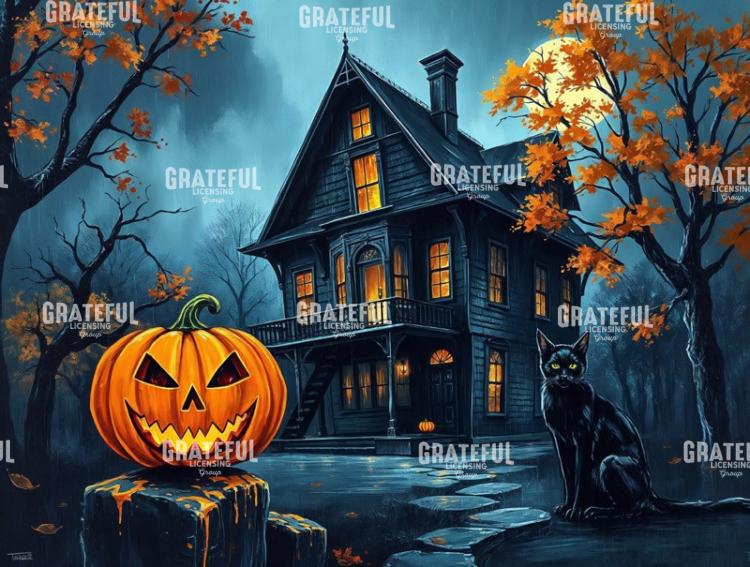Haunted House with Jack O Lantern and Black Cat