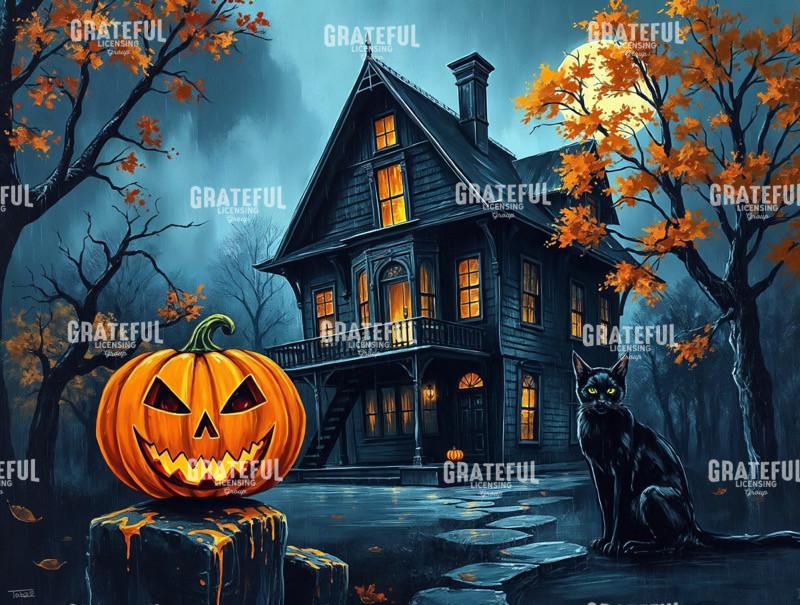Haunted House with Jack O Lantern and Black Cat
