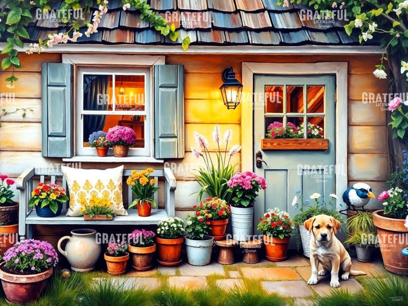 Labrador Retriever Puppy Spring Blooms Front Porch