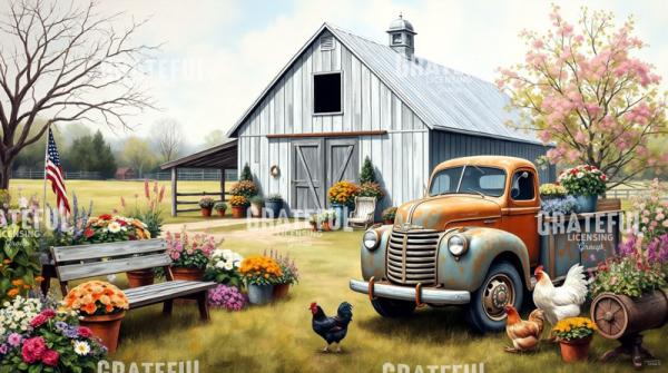 Spring Farm with American Flag