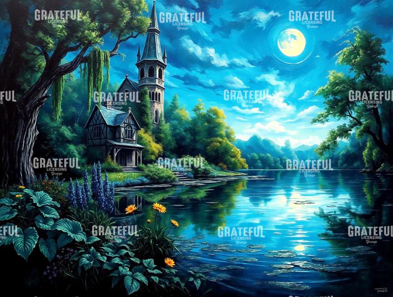 The Rectory at Midnight with Yellow Daisies