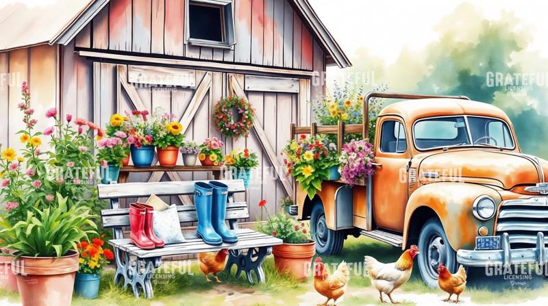 Spring Blooms and Rainboots with Vintage Truck Watercolor