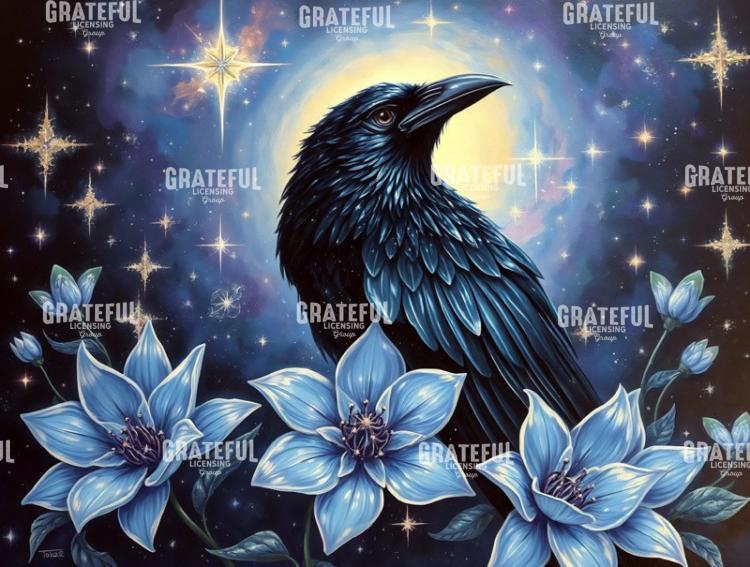 Raven with Blue Clematis Flowers