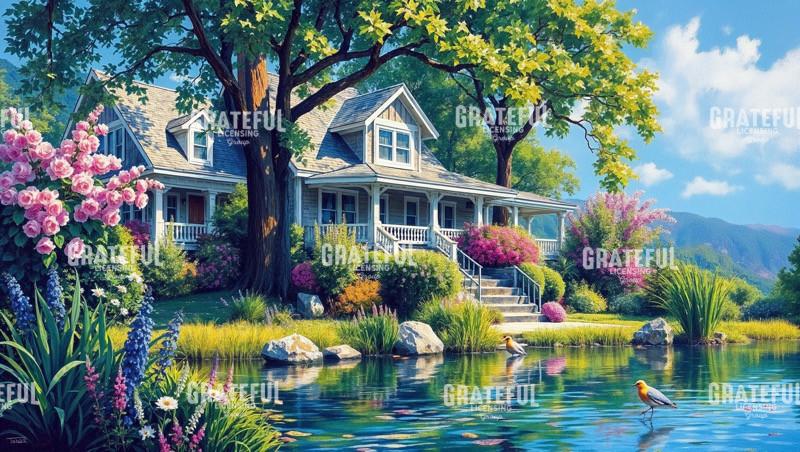 Summer Lake House with Birds