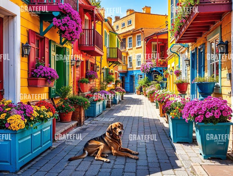 Sunny Back Street with Dog