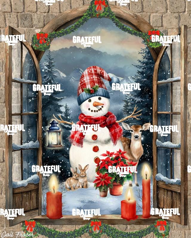 Snowman Window with Mountains