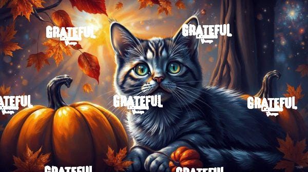 Striped Cat with Autumn Pumpkins