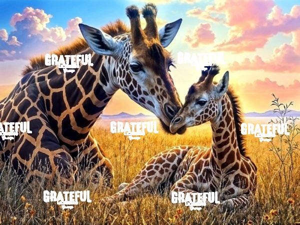 Mother and Baby Giraffes Blue Sky with Clouds