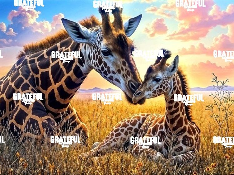 Mother and Baby Giraffes Blue Sky with Clouds