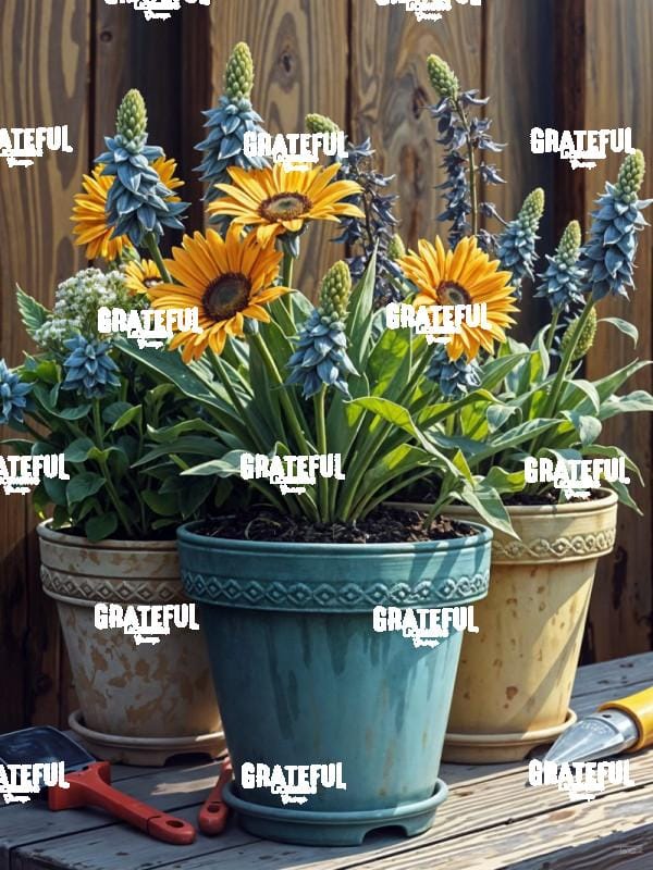 Ornate Flowerpots With Yellow Daisies and Lupine