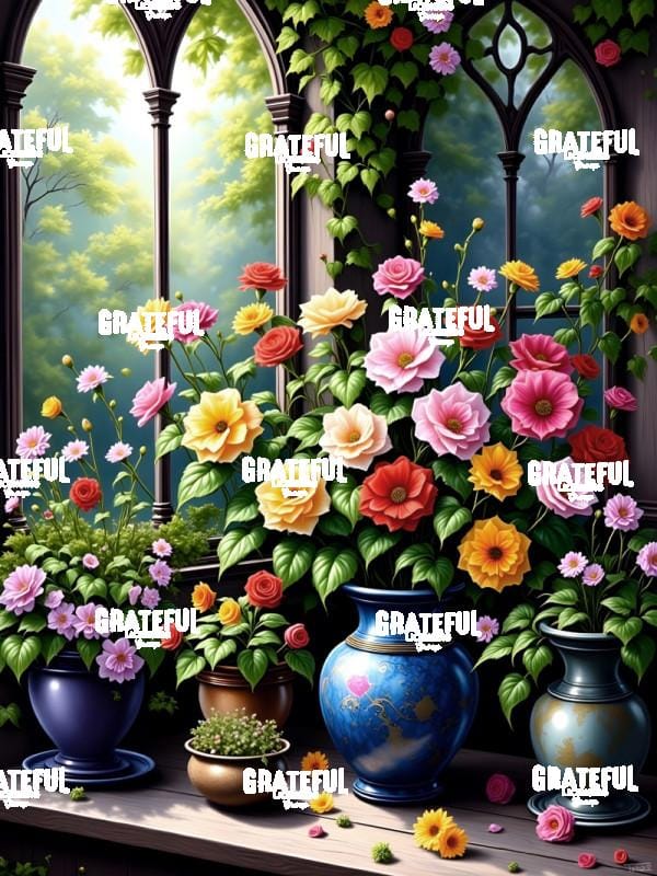 Blue Urns With Wildflowers In A Greenhouse