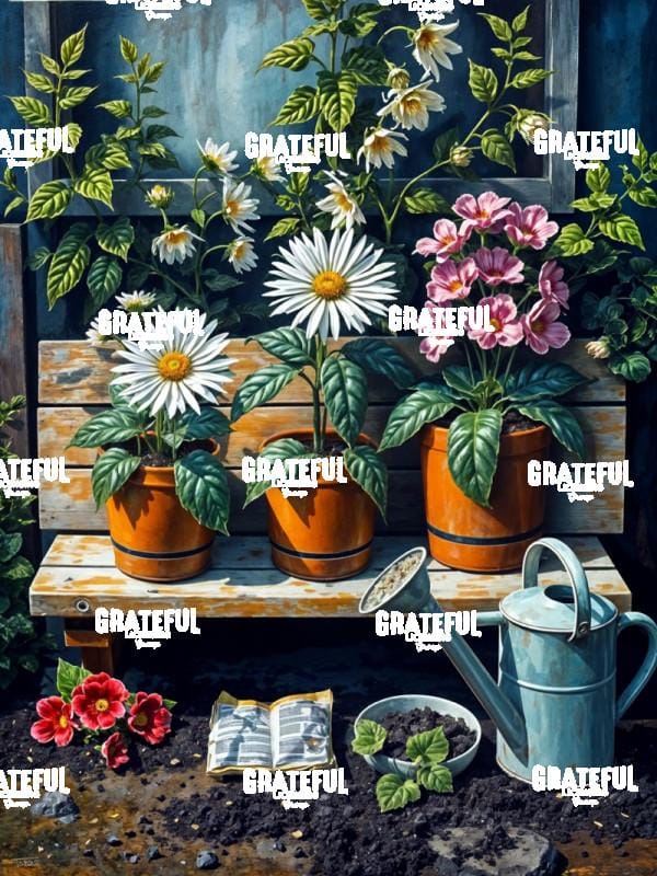Daisies and Pink Phlox with Watering Can
