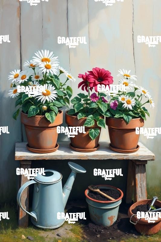 Daisies With Watering Can and Empty Flower Pots