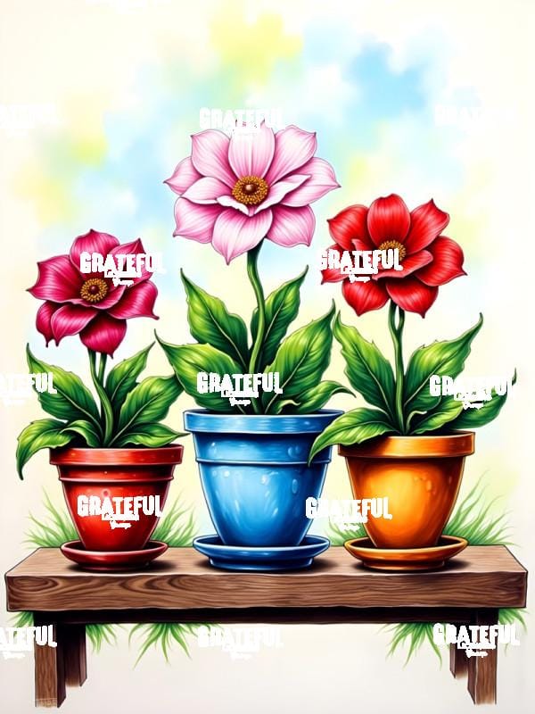 Pink Anemones In Colorful Pots Watercolor