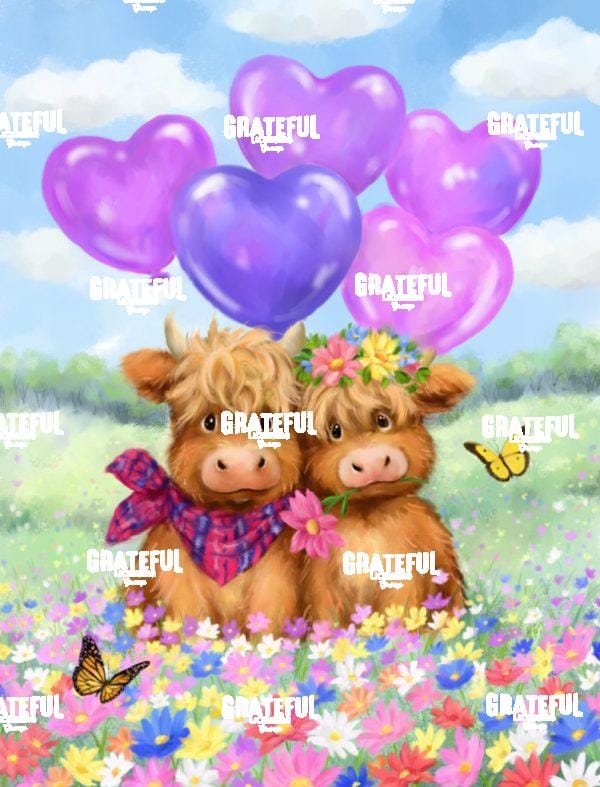 Highland Cows with Heart Balloons
