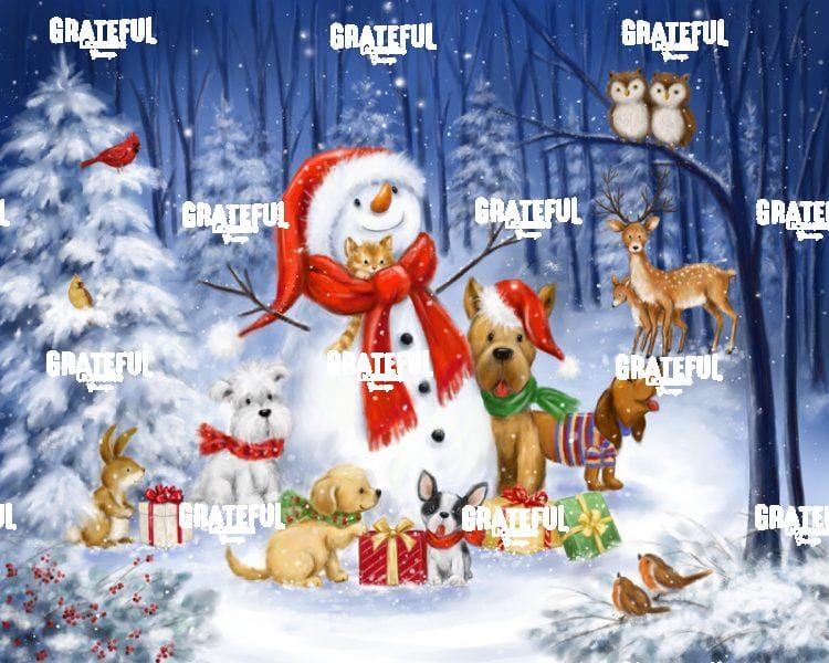 Snowman with Dogs in Wood