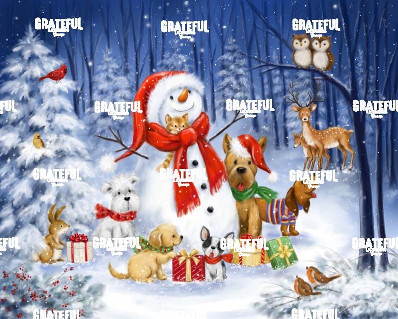 Snowman with Dogs in Wood