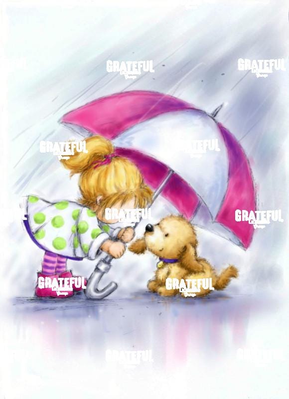 Little Girl & Dog Under Umbrella