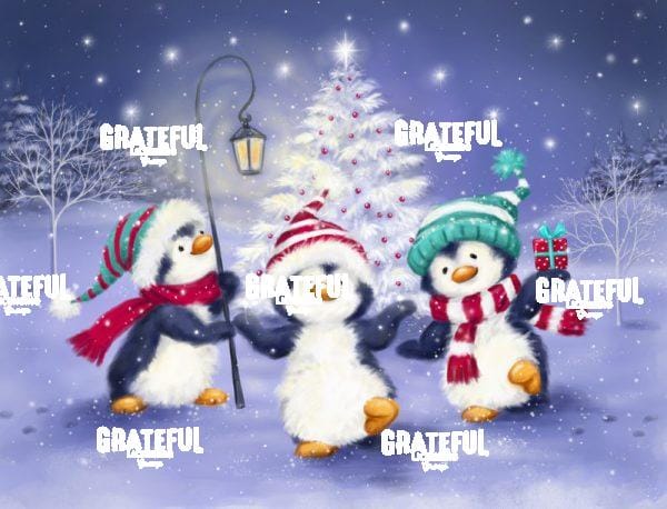 Three Penguins with Christmas Tree