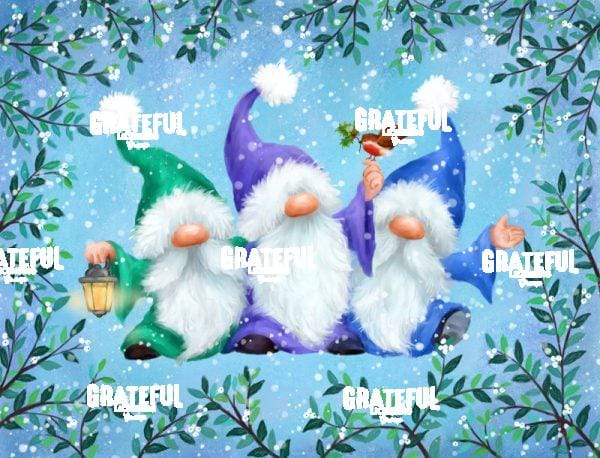 Three Gnomes with Blue Background
