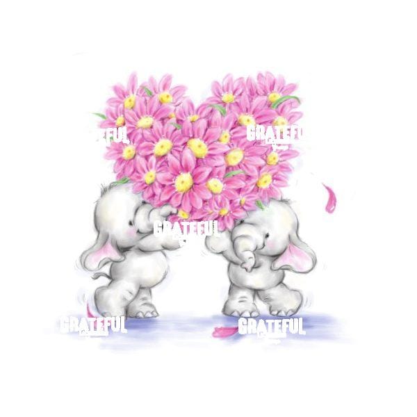 Two Elephants with Heart Shaped Flowers