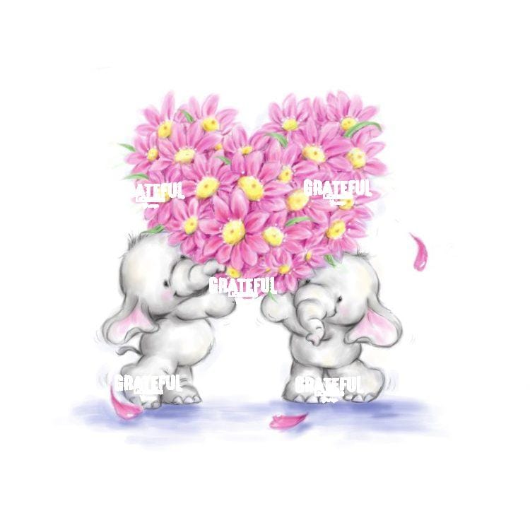 Two Elephants with Heart Shaped Flowers
