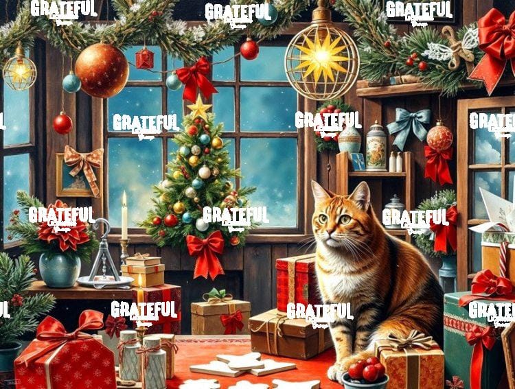 Fluffy Cat In Santa's Workshop
