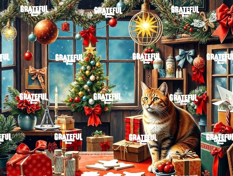 Fluffy Cat In Santa's Workshop
