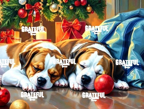 Two Sleeping Puppies Under The Christmas Tree