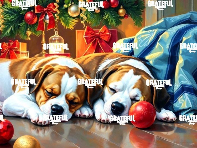 Two Sleeping Puppies Under The Christmas Tree