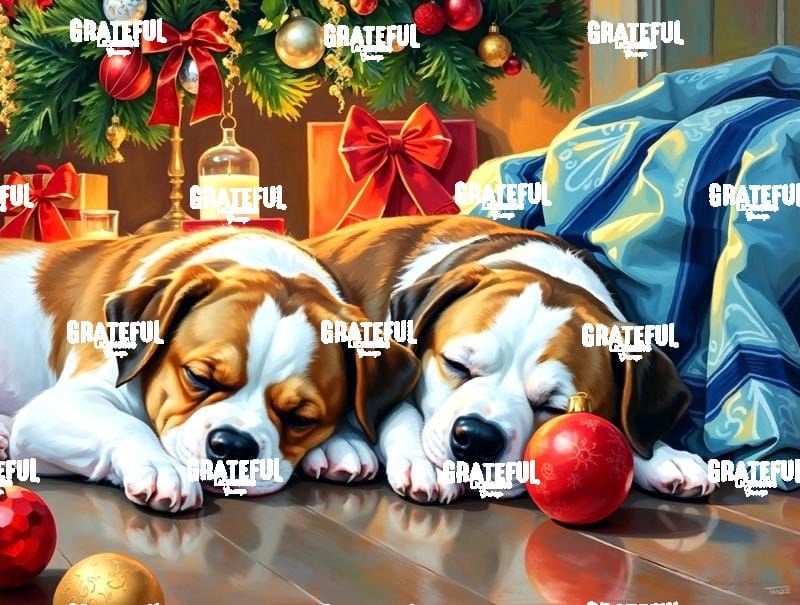 Two Sleeping Puppies Under The Christmas Tree