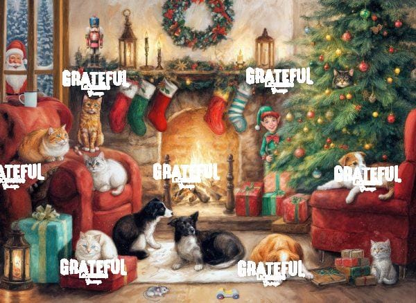 Christmas Time, Cats and Dogs by the Cozy Fireplace