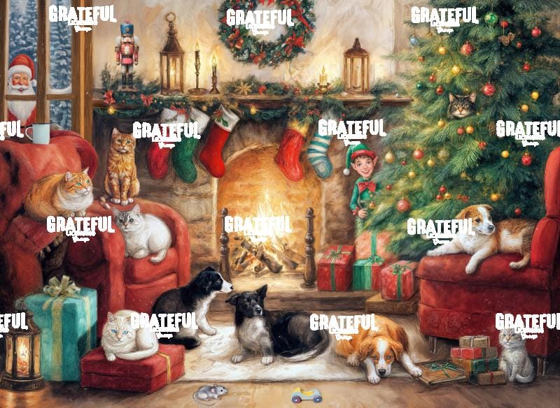 Christmas Time, Cats and Dogs by the Cozy Fireplace