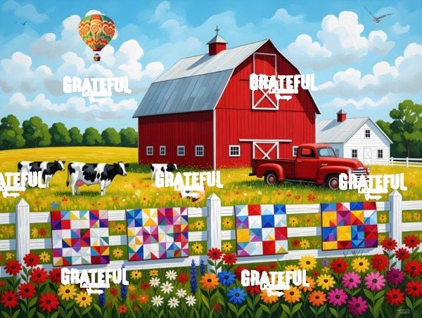 Farmhouse with Cows and Quilts