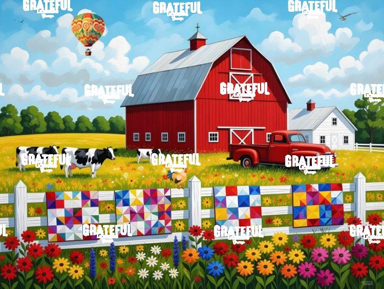 Farmhouse with Cows and Quilts