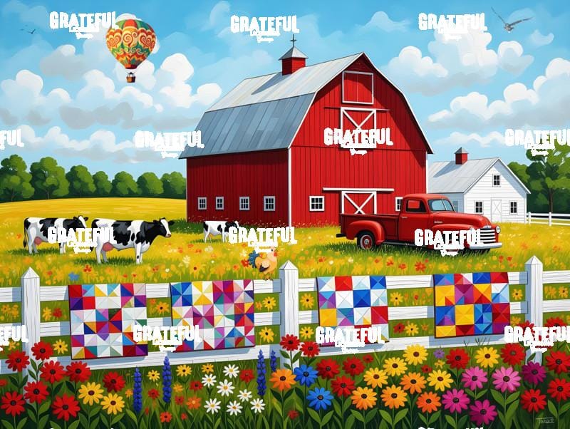 Farmhouse with Cows and Quilts