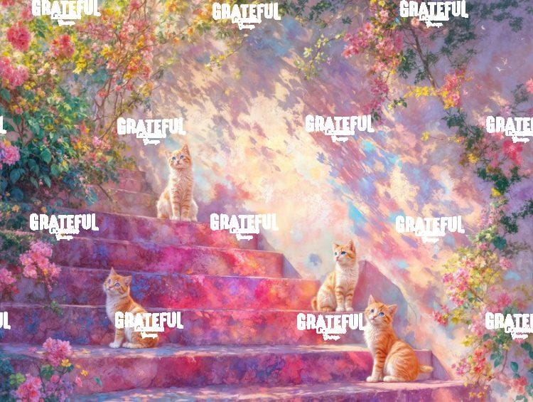 3 Kittens on Steps Bordered in Wildflowers