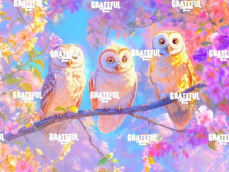 Three Owls in the Iridescent Forest