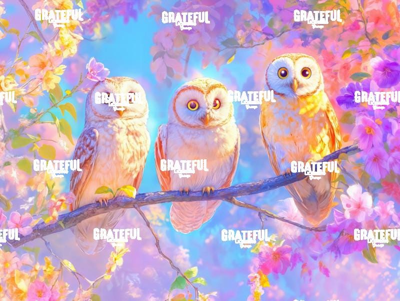 Three Owls in the Iridescent Forest